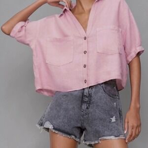 Zara Pink 100% Linen Cropped Button Front Shirt Women's M Lagenlook Boxy